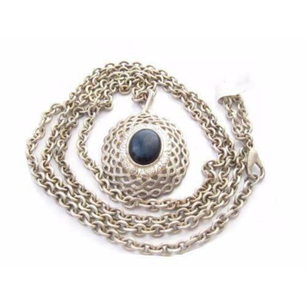 Signed M.Jent Vintage Large Pendant Dark‎ Blue Cabochon Silver Toned Necklace